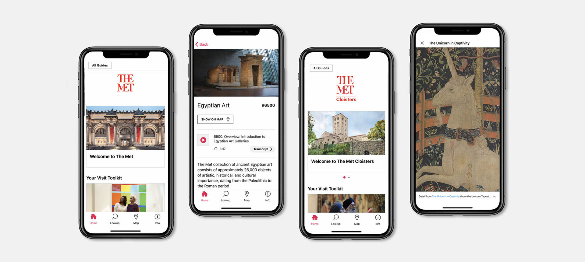 A set of four iPhones with screens showing different aspects of The Met Cloisters and The Met Fifth Avenue digital guides on the Bloomberg Connects app.